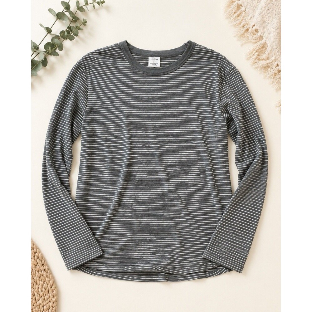Urban Outfitters Women's Small Gray White Striped Long‎ Sleeve Shirt 100% Cotton